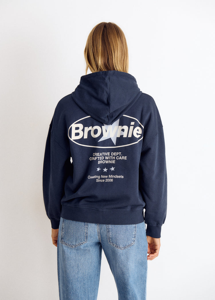 Sudadera de felpa color marino con capucha y gran estampado logotipo en la espalda