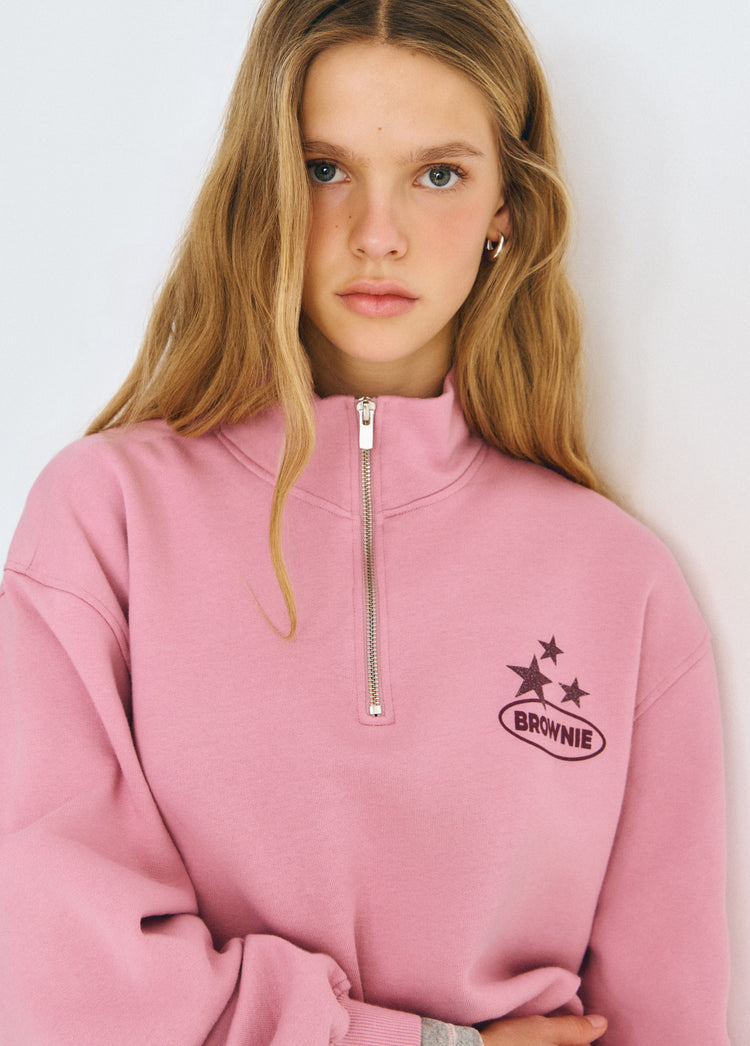 Sudadera rosa de manga larga con cremallera frontal y logotipo bordado con estrellas en el pecho