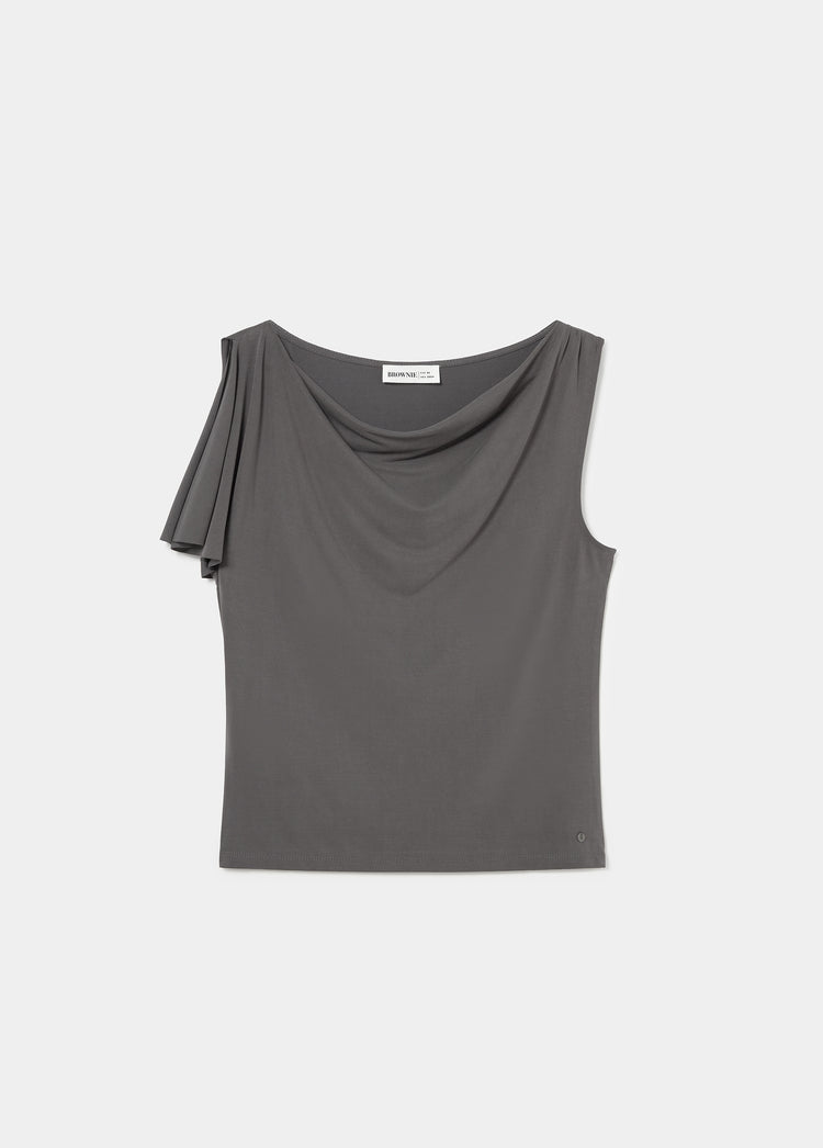 Top de cupro antracita con escote drapeado y detalle de pliegues en el hombro