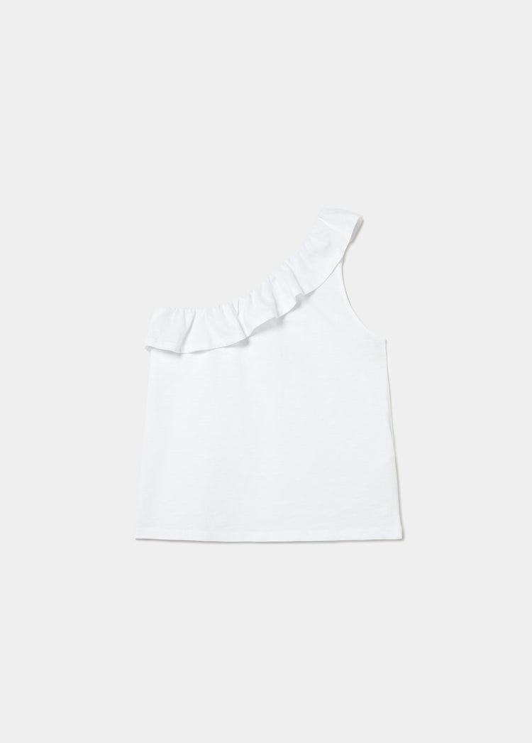 Camiseta blanca de tirante único con volante en el hombro vista frontal