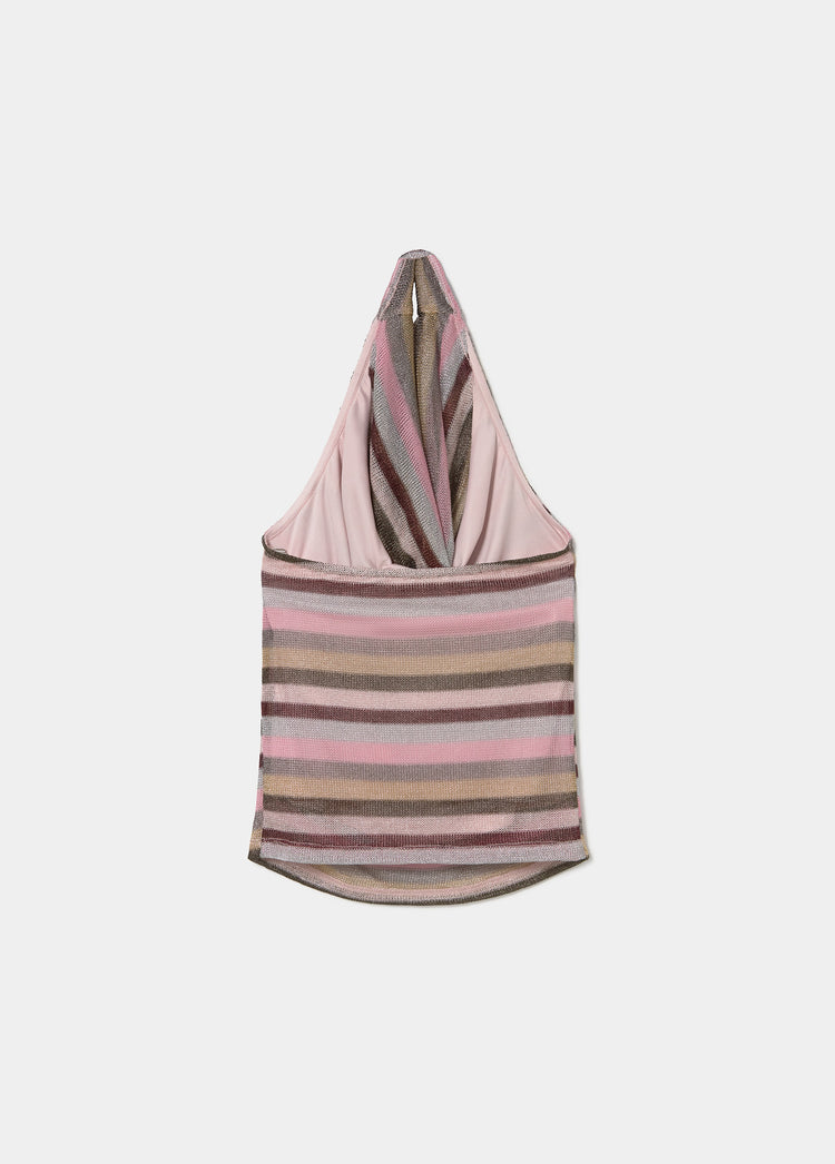 Top halter tejido a rayas en rosa claro visto de frente