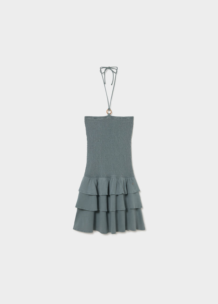 Vestido smock de tirantes finos con falda de volantes en color verdoso