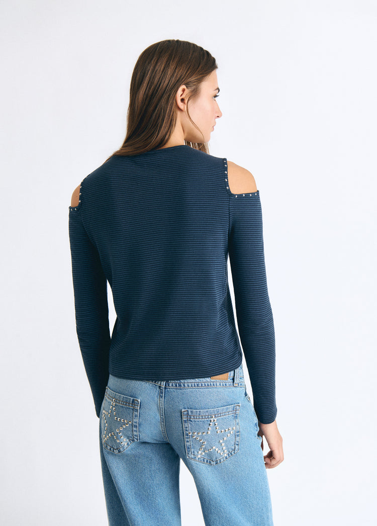Striped cut-out embroidered T-shirt