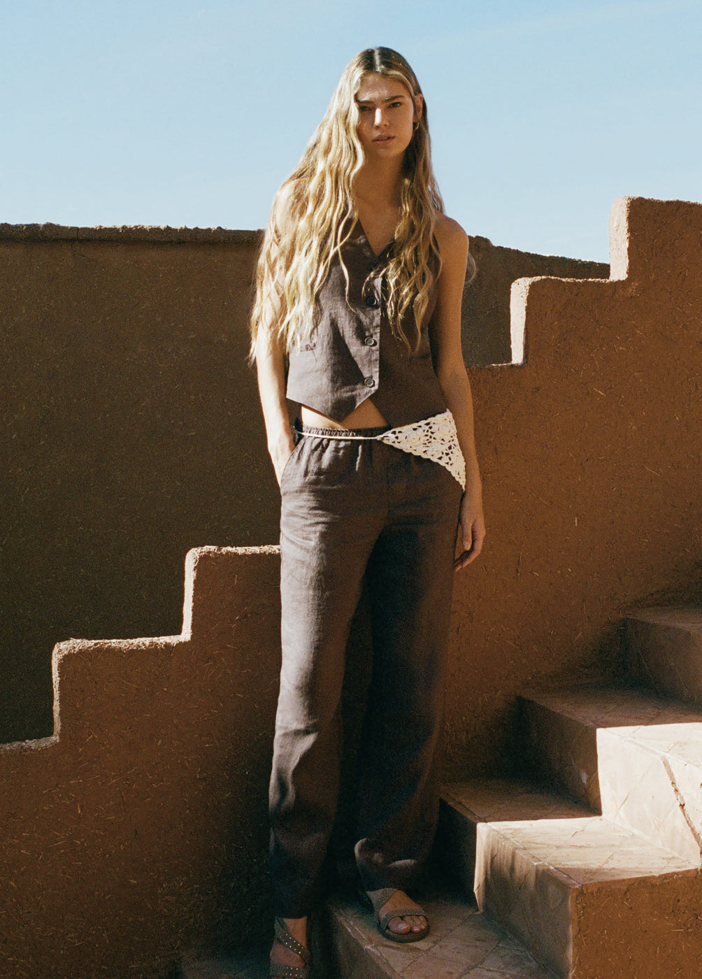 Pants with linen waist detail