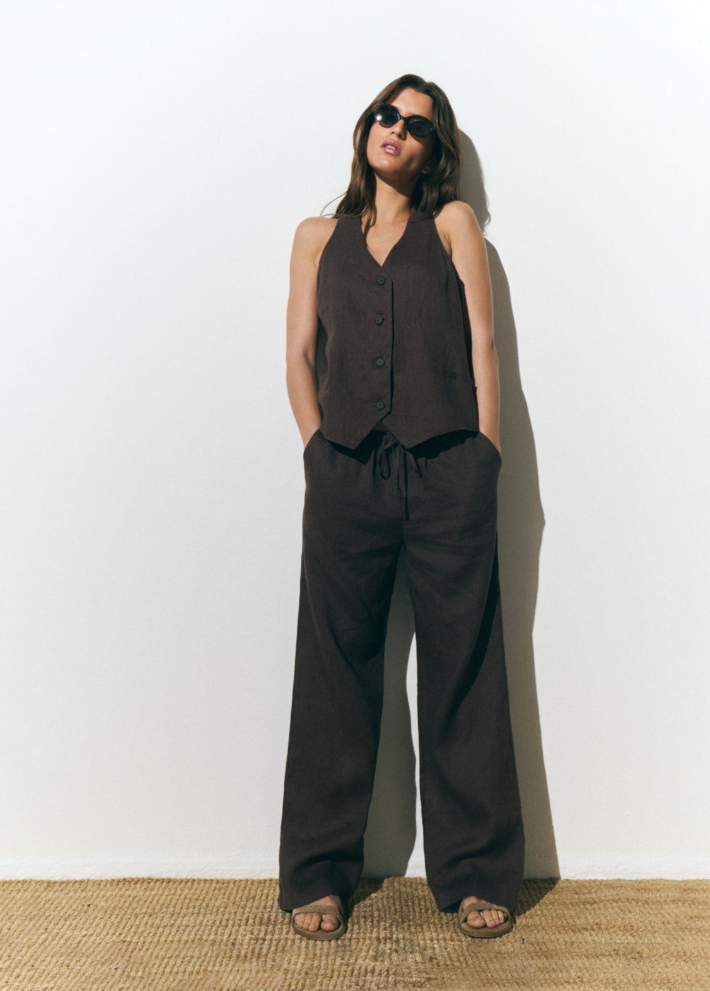 Pants with linen waist detail