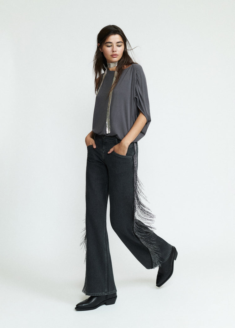Denim jacket with side fringe
