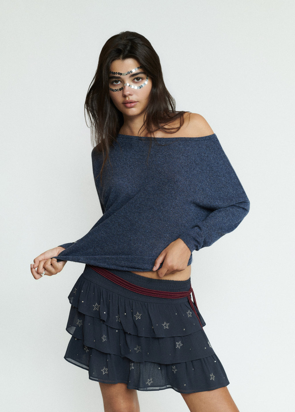 Short multi-ruffle studded skirt