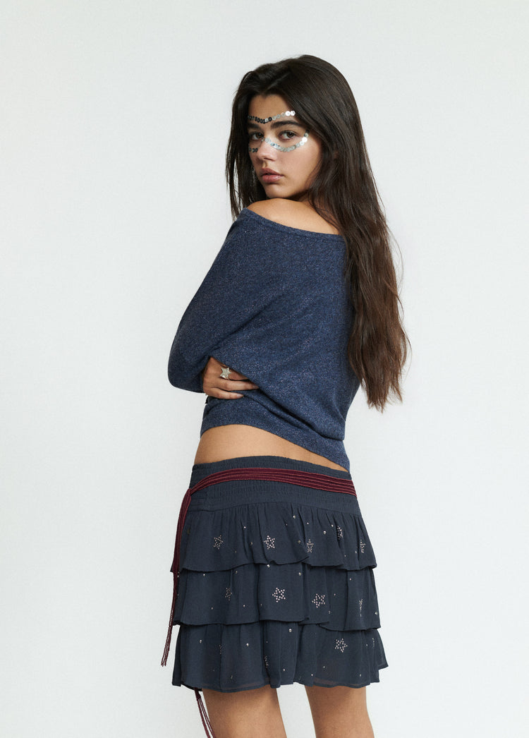 Short multi-ruffle studded skirt