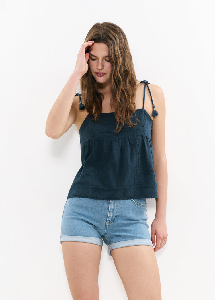 Embroidered strap top