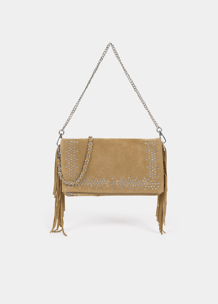 Leather flap bag with studs and fringes