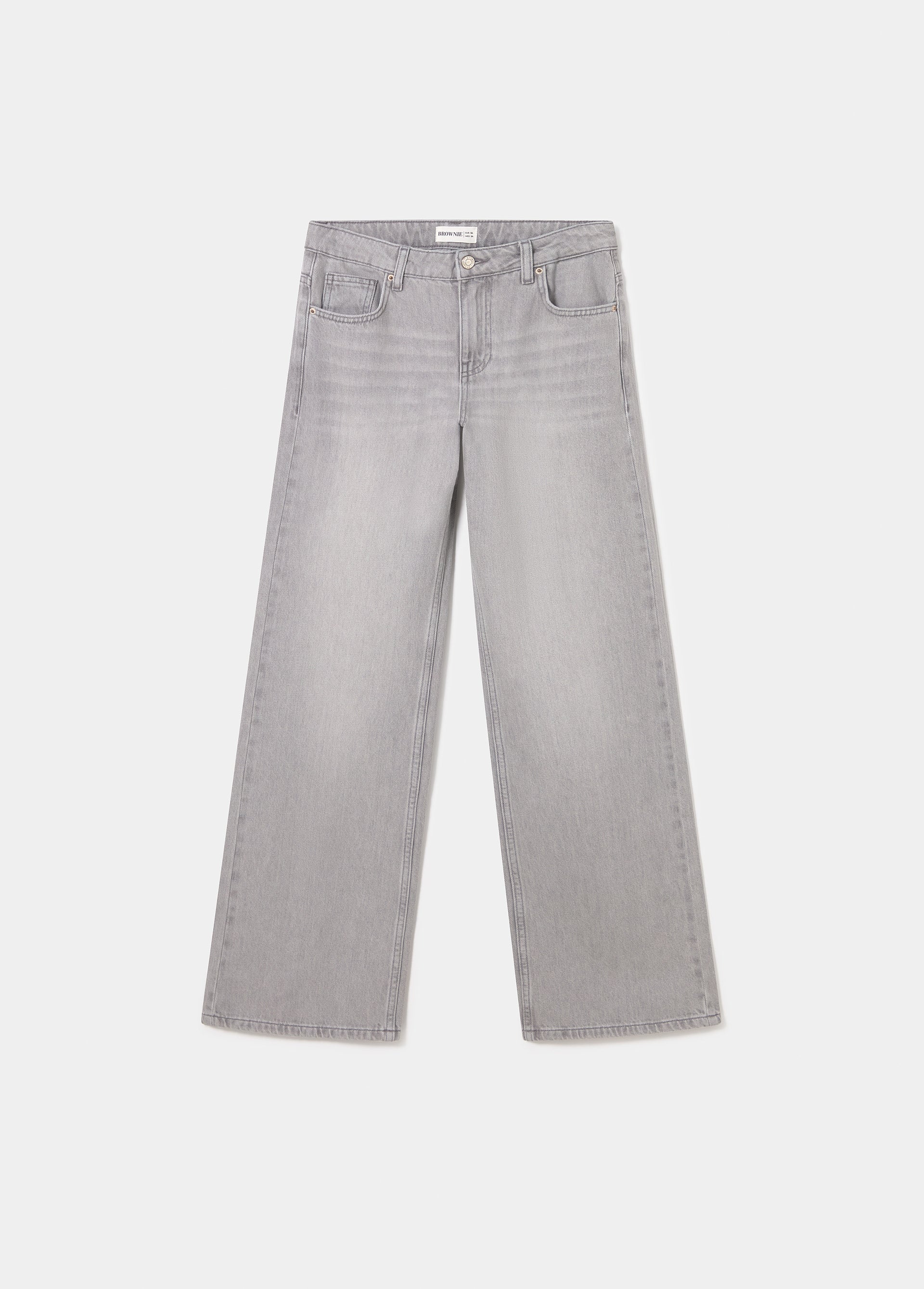 Jeans gris de corte recto y largo completo vistos de frente