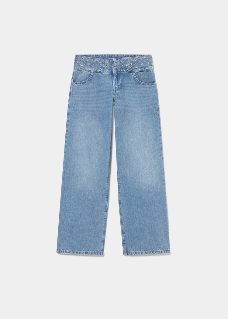 Jeans com cintura larga bordada