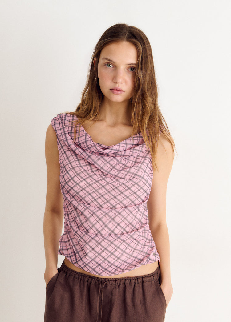 Asymmetric plaid top