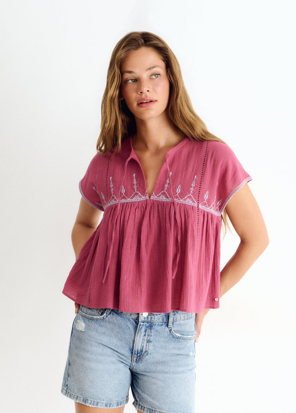 Embroidered neckline blouse