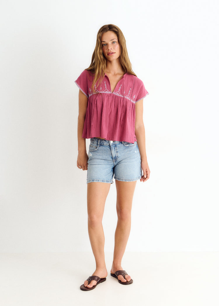 Embroidered neckline blouse