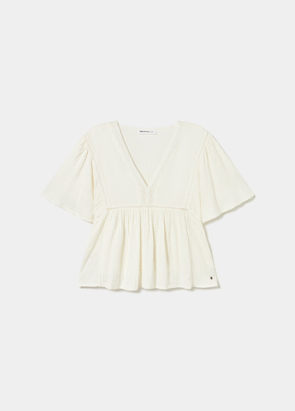Blusa de manga ancha en color crudo con escote en V y detalles de encaje