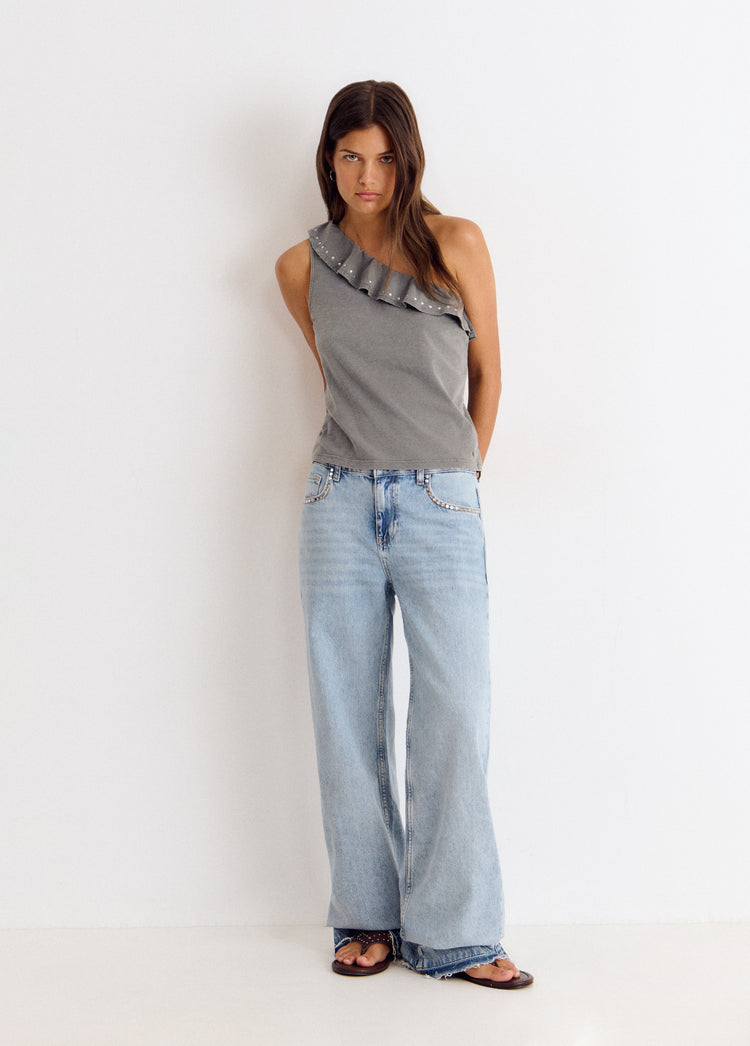 Asymmetric ruffle stud t-shirt