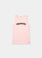 Top de tirantes marrón con el texto BROWNIE estampado en el pecho