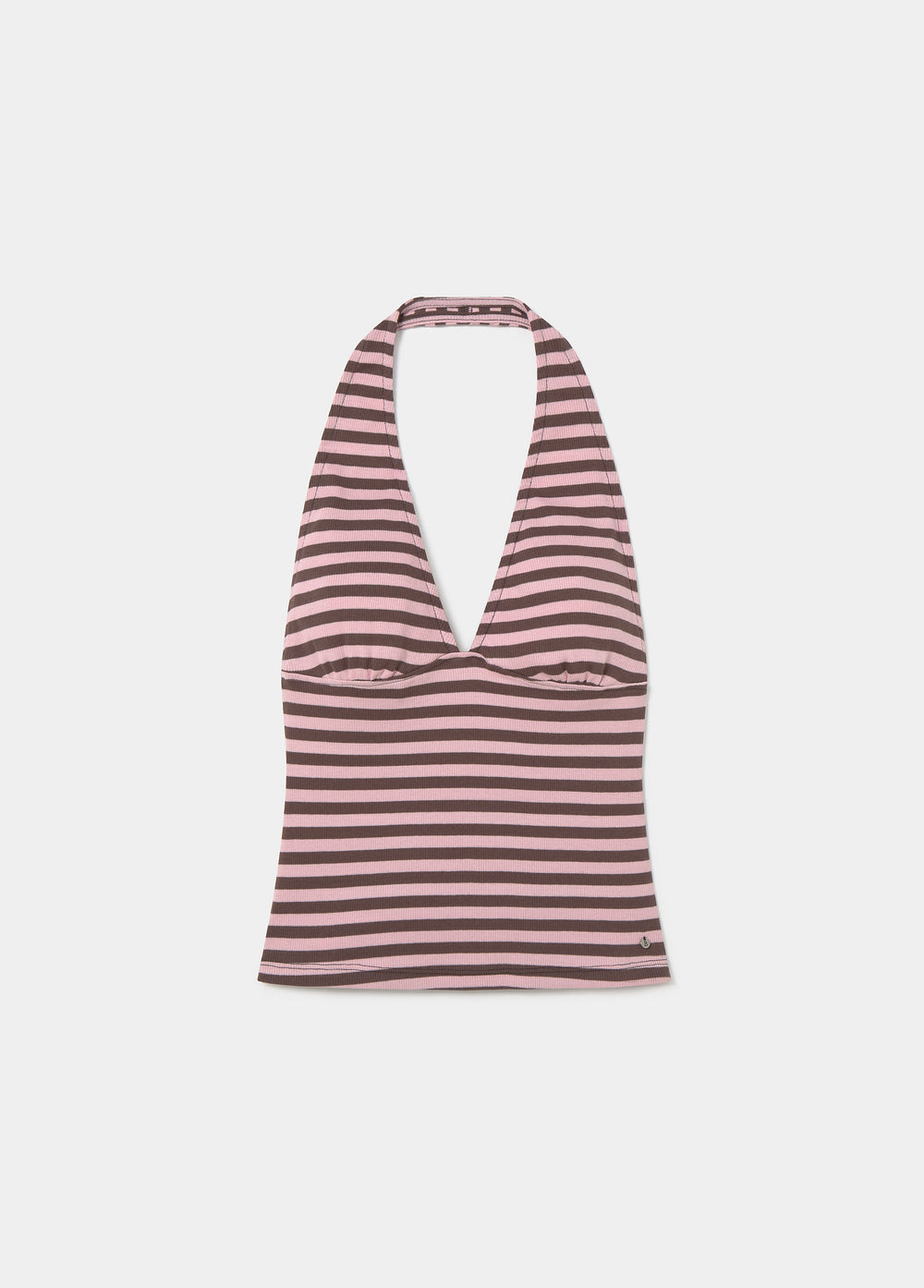 Top halter de rayas tejidas en rosa lucido con escote profundo