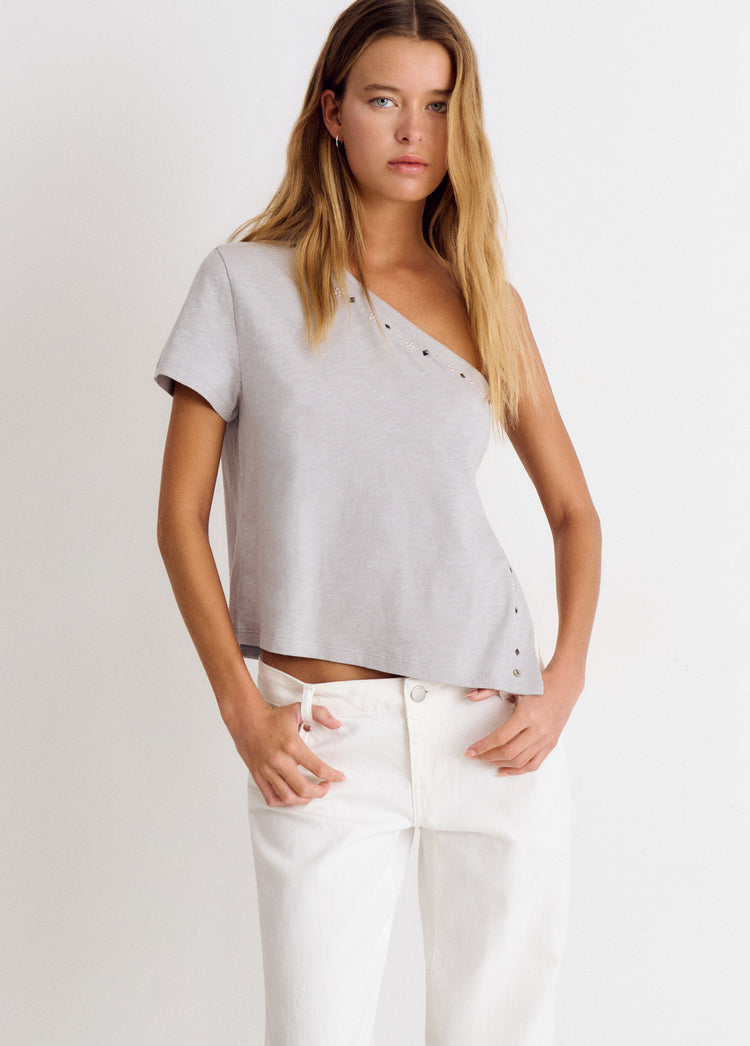 Asymmetric flower studded t-shirt