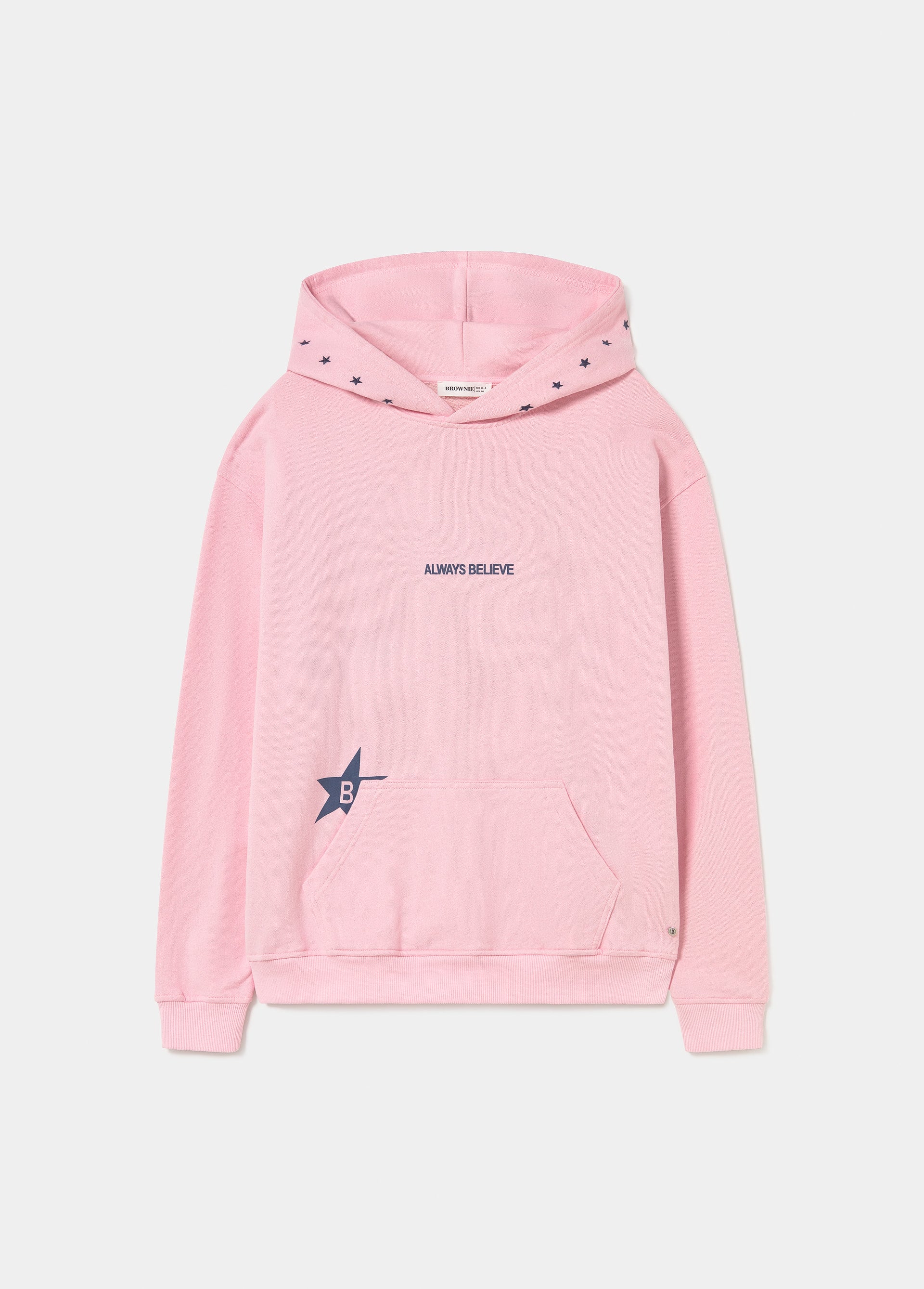 Sudadera de capucha rosa con estrellas bordadas y bolsillo frontal