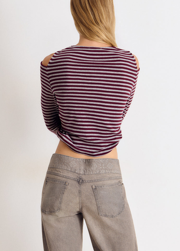 Cut-out Shoulder Lurex Stripe T-Shirt