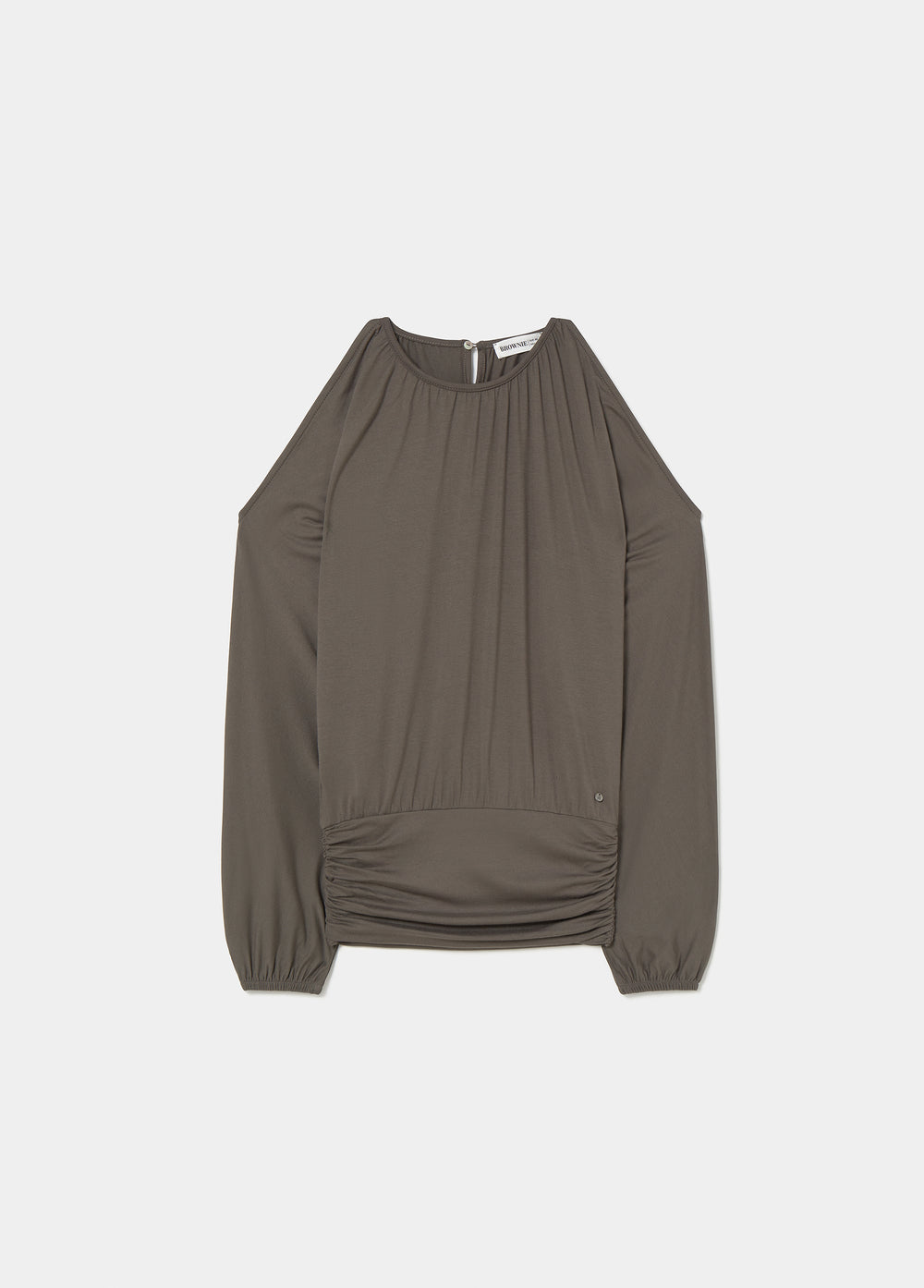Blusa de viscosa con frunce bajo y hombros descubiertos en tono granate
