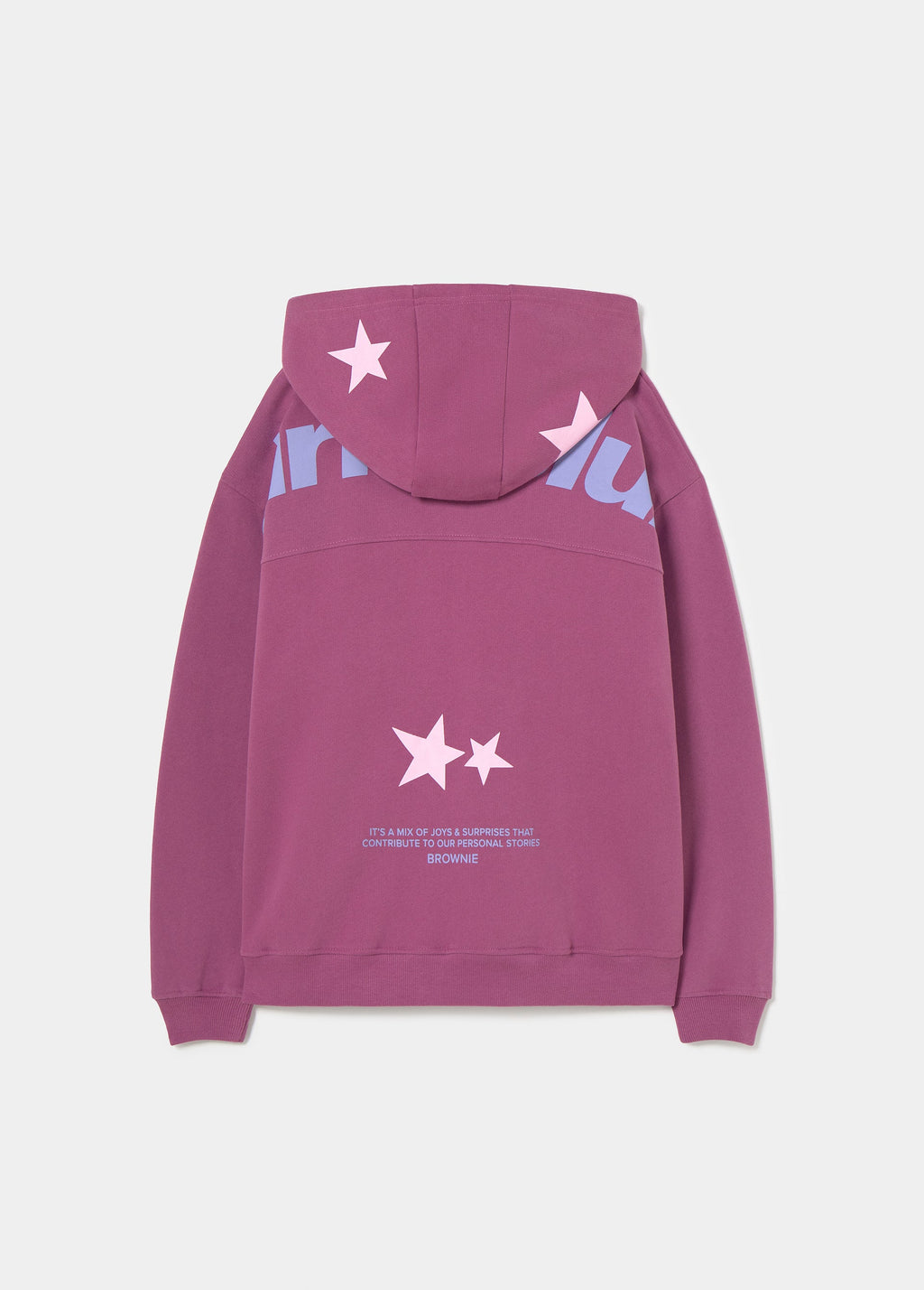 Sudadera de color granate vista por detrás con capucha y estampado de estrellas en la espalda