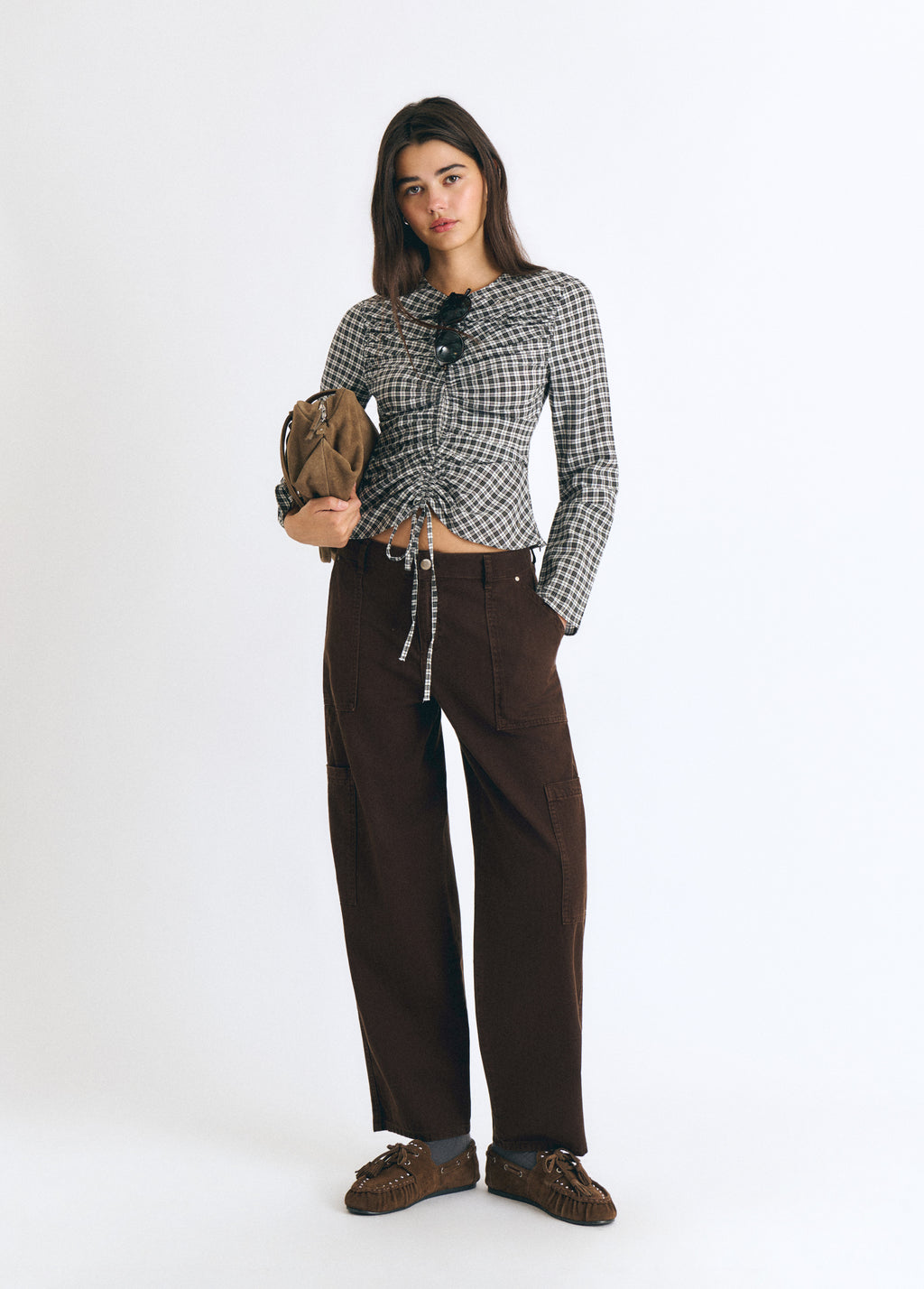 Plaid blouse with drawstring detail