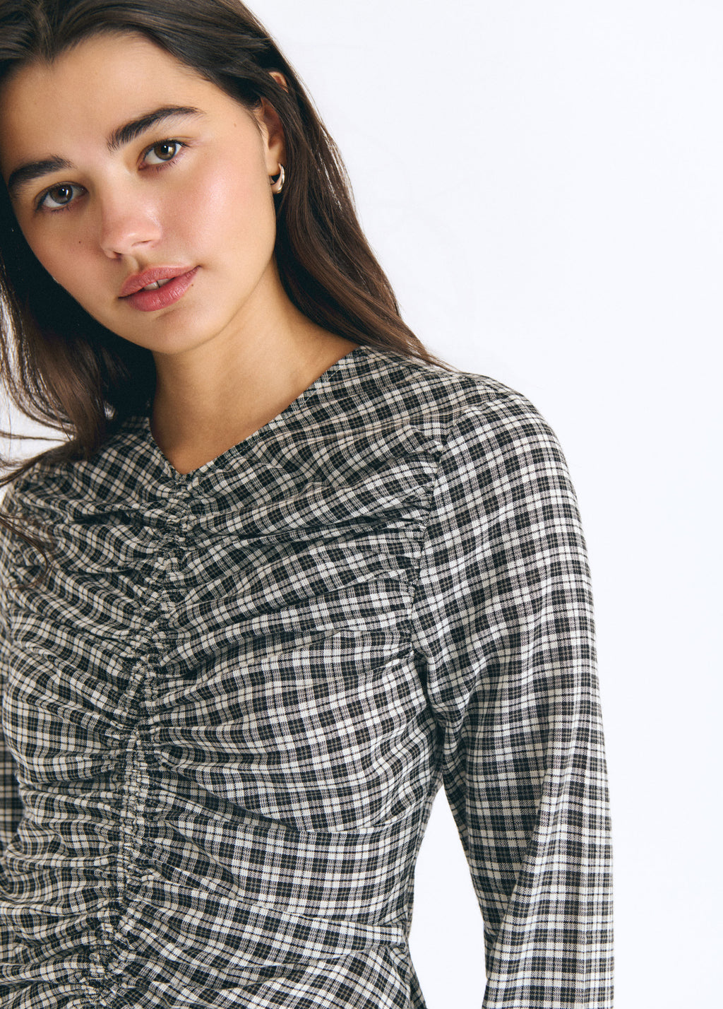 Plaid blouse with drawstring detail