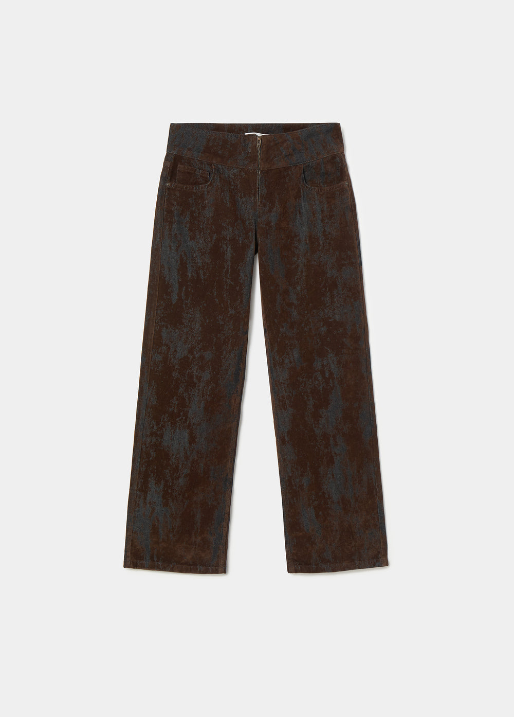 Pantalón vaquero de corte ancho y largo en tono marrón con textura flock