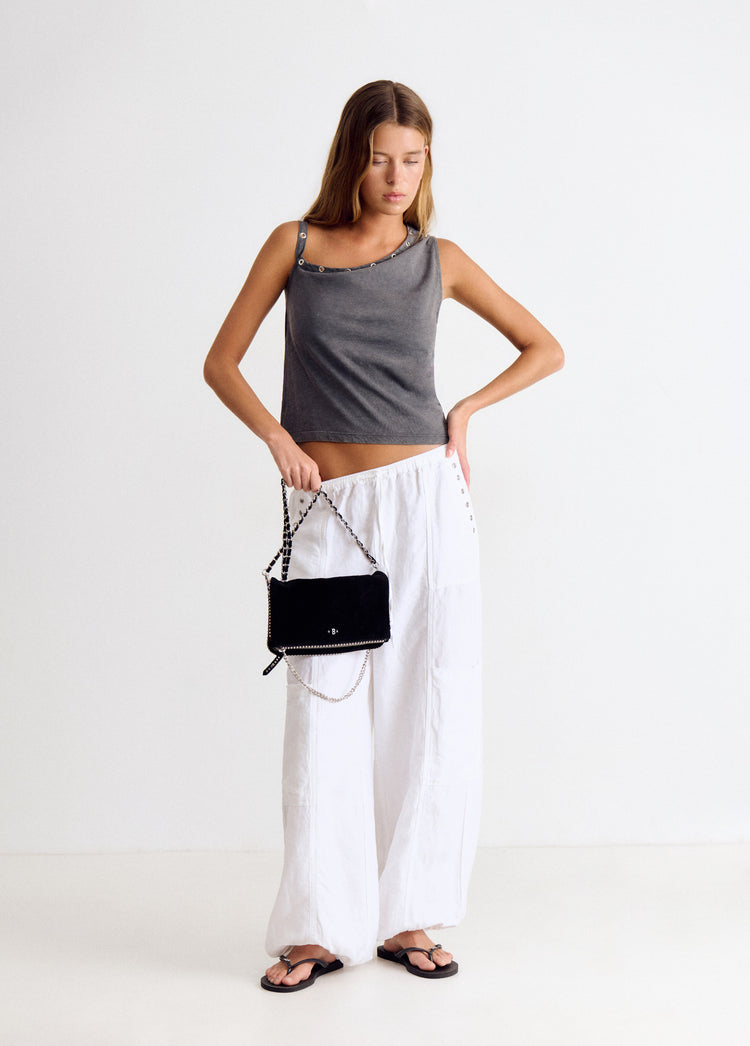 Suede flap bag with beads