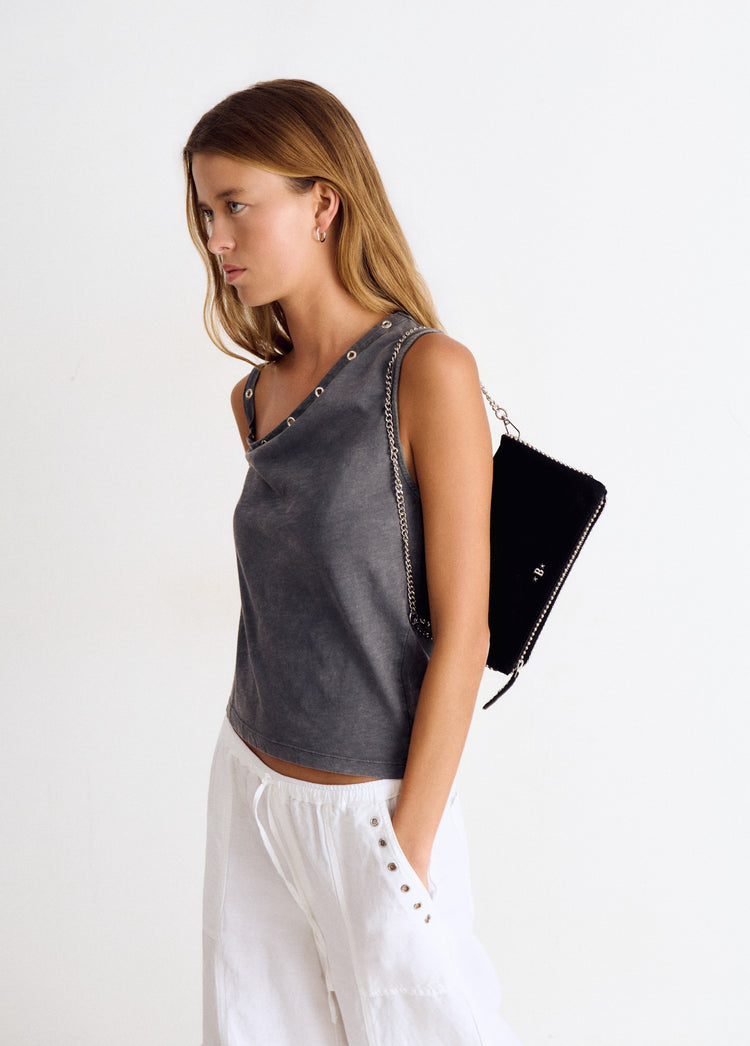Suede flap bag with beads