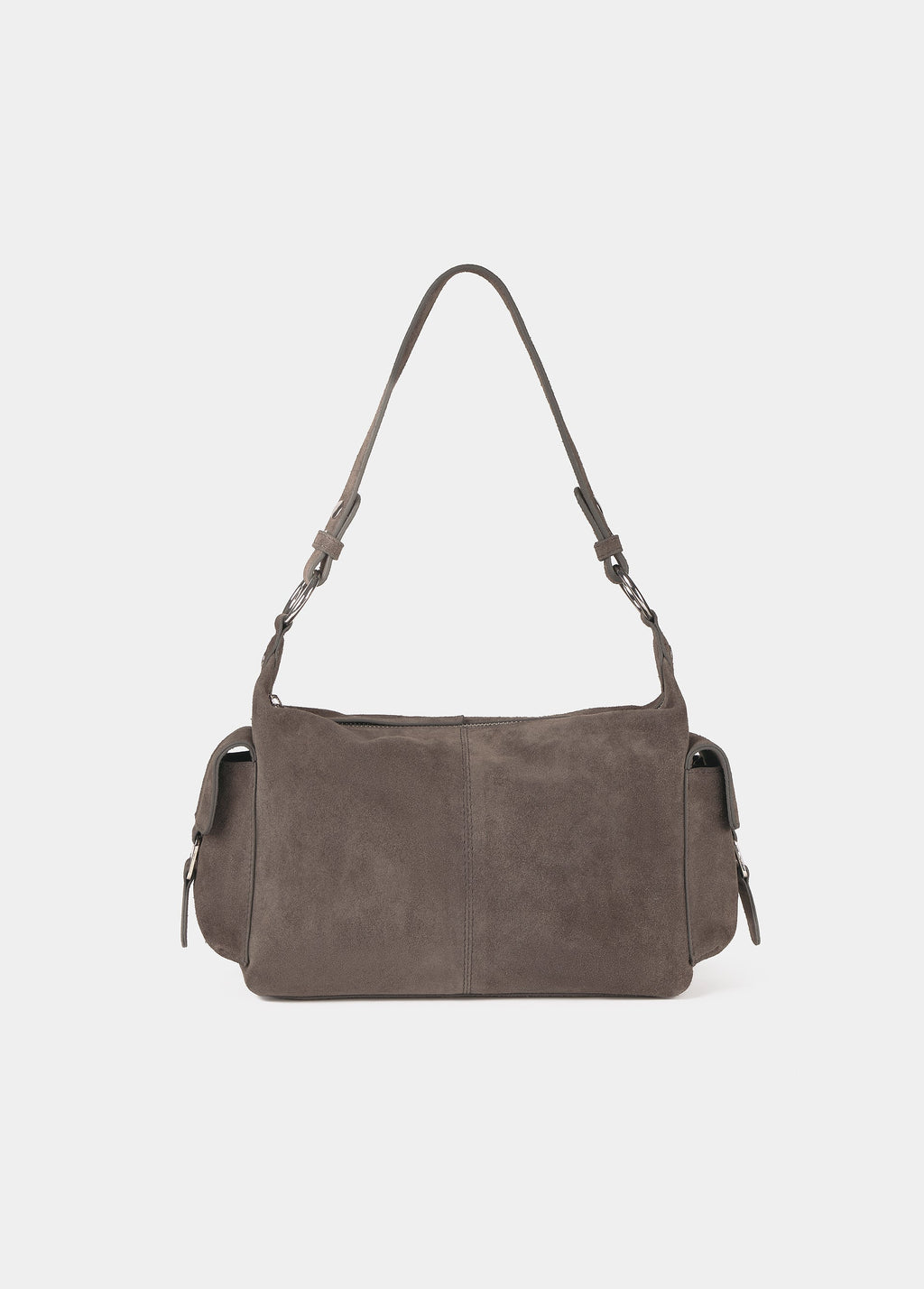 Bolso de hombro en gris oscuro con bolsillos laterales visto de frente sobre fondo liso