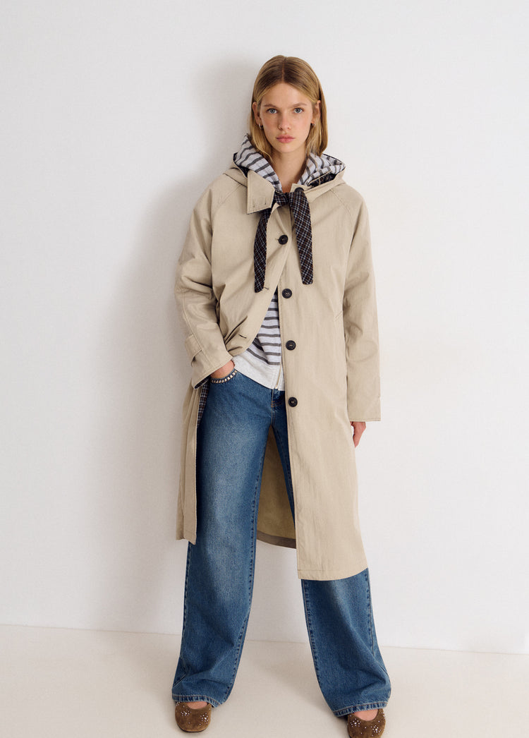 Long hooded trench coat
