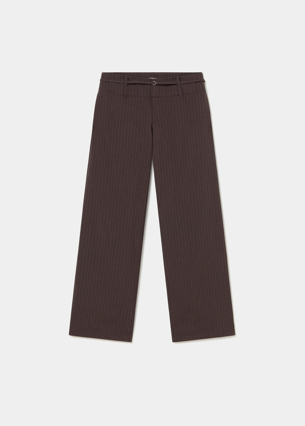 Pantalón marrón de raya diplomática y tiro alto lucido en vista frontal