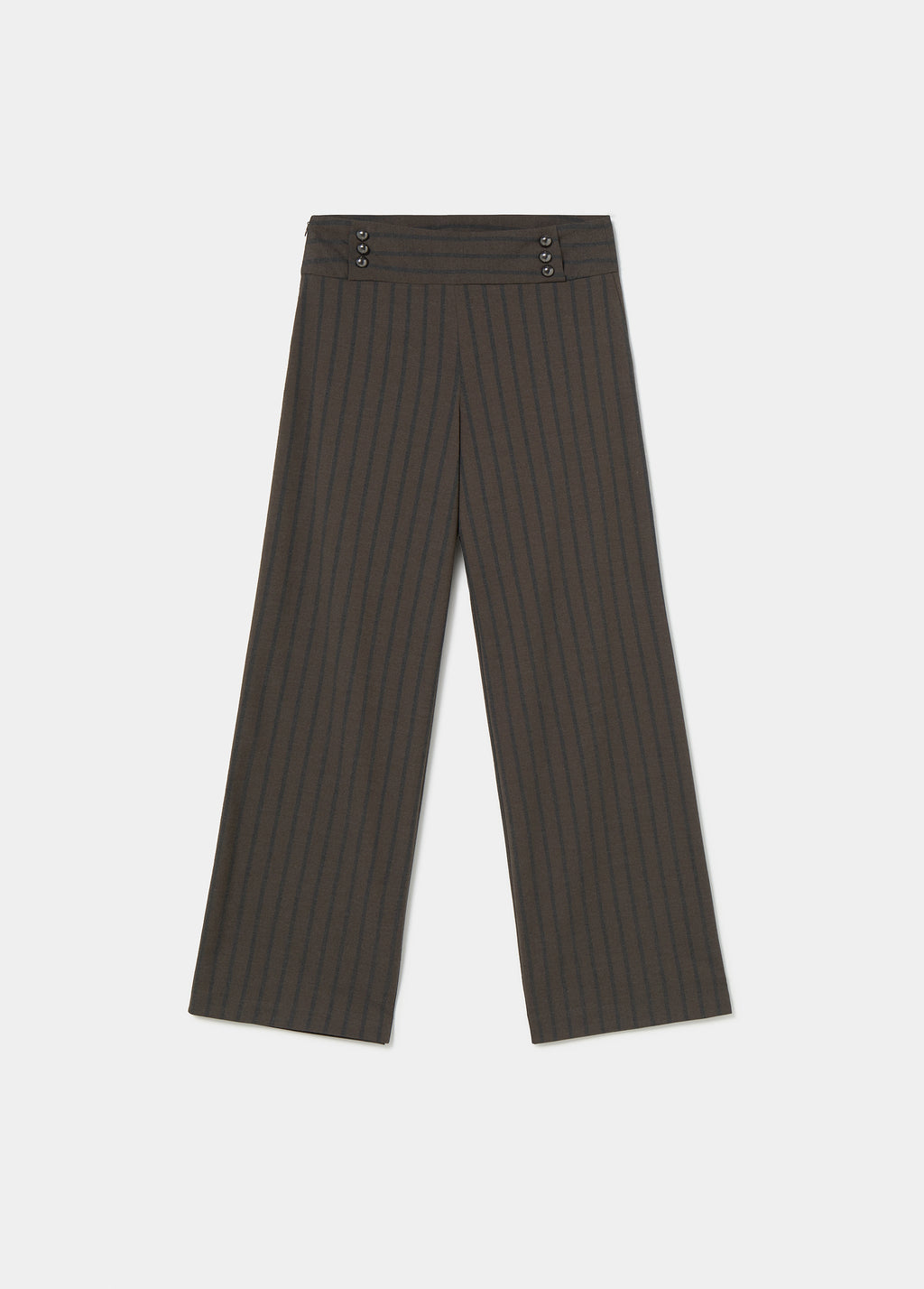 Pantalón de vestir marrón con rayas verticales y cinturilla ancha con botones