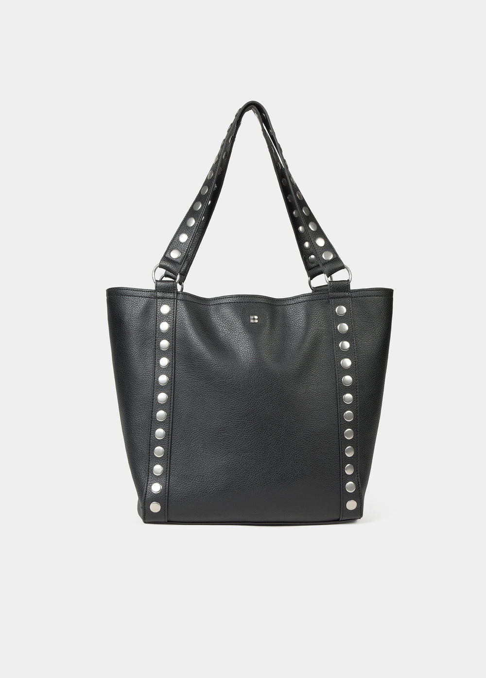 Bolso shopper negro de piel con tachas metálicas en los bordes y el asa