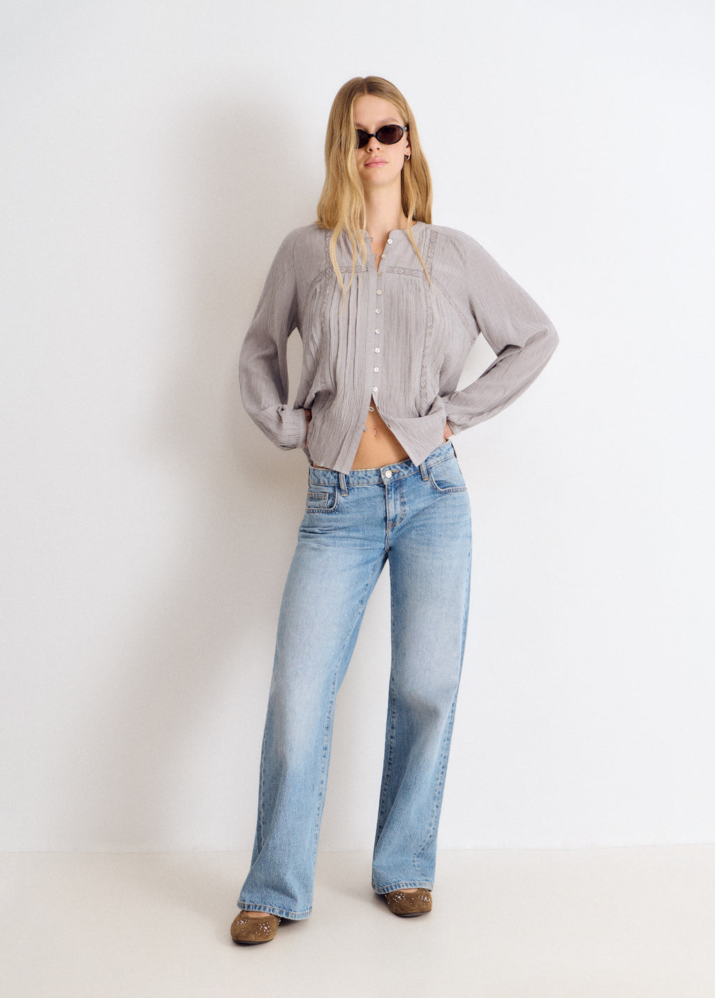 Lace pintuck long-sleeve blouse