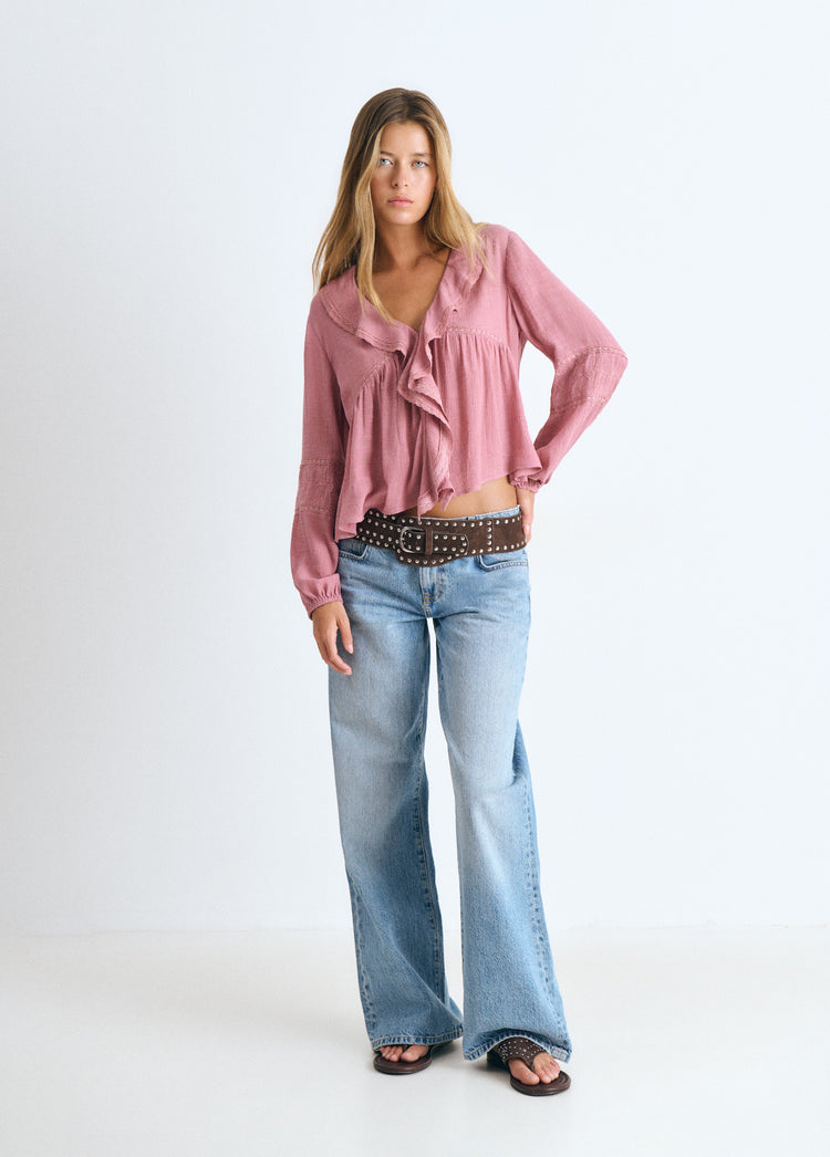 Embroidered Sleeve Ruffle Blouse