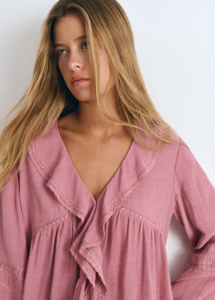 Embroidered Sleeve Ruffle Blouse