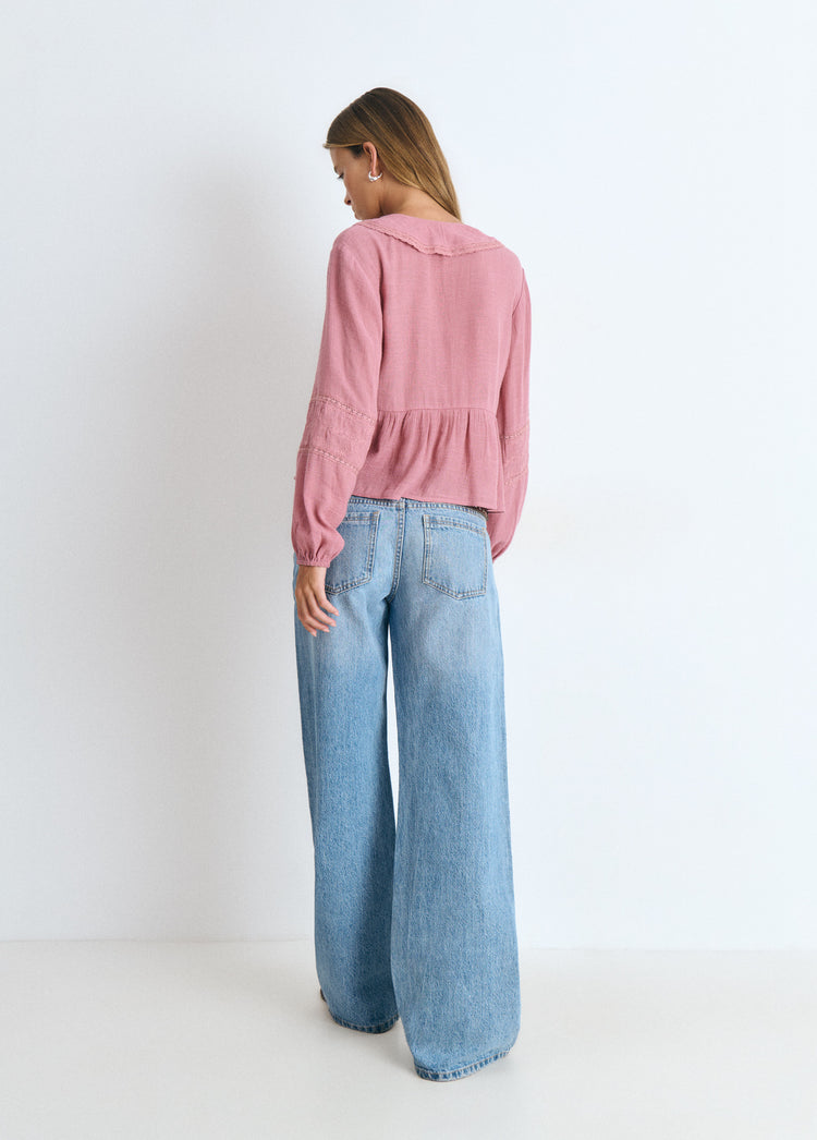 Embroidered Sleeve Ruffle Blouse