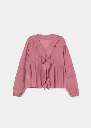 Embroidered Sleeve Ruffle Blouse