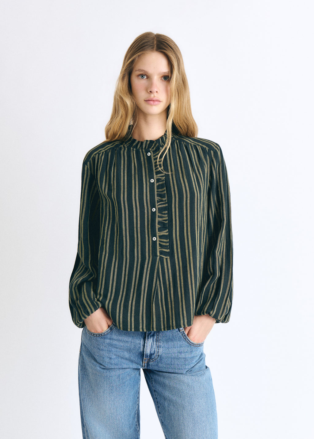 Striped blouse with button placket