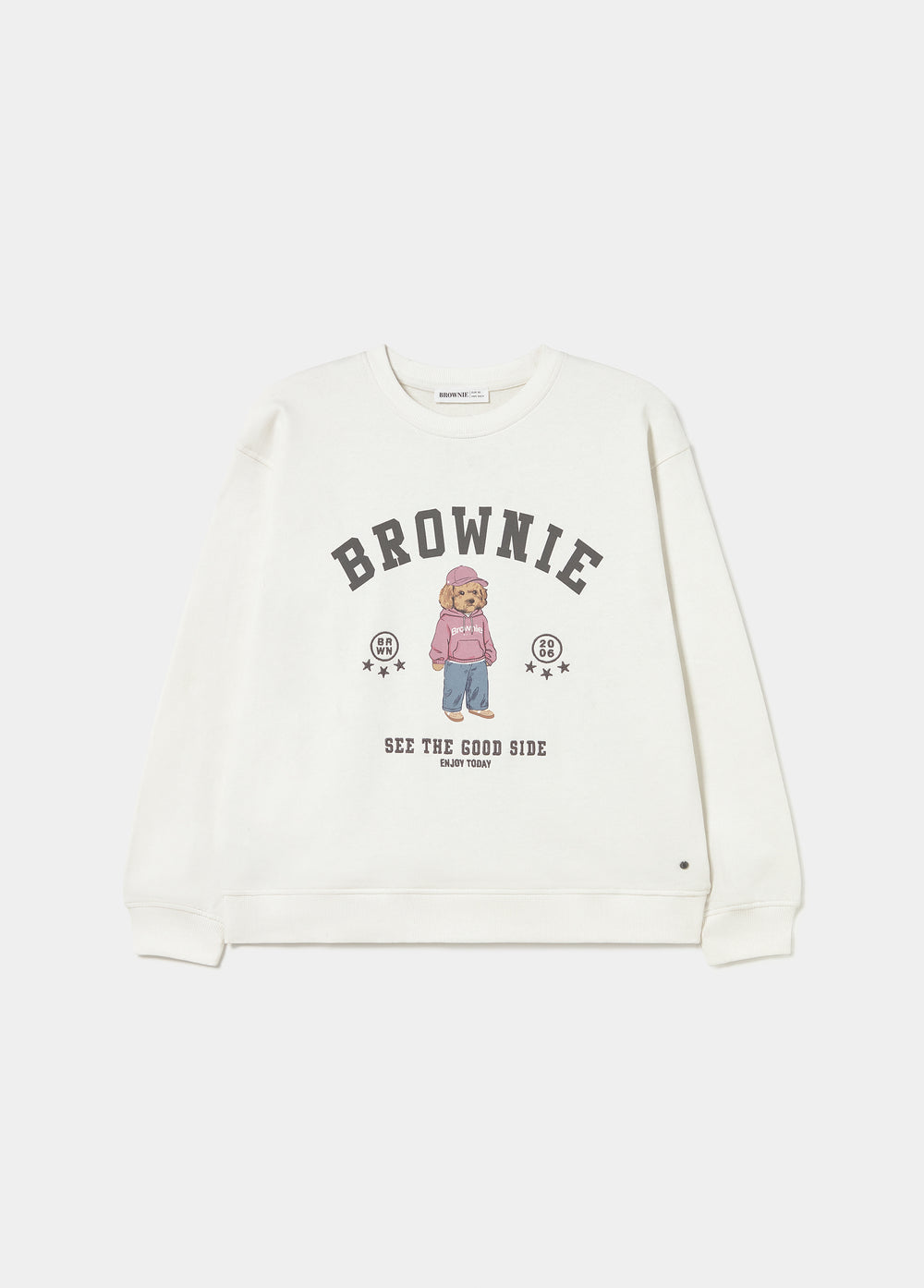 Sudadera de color crudo con estampado de un perro y la palabra brownie en el pecho