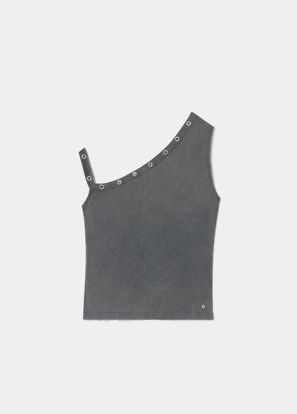 Camiseta asimétrica de tirante con ojales en gris oscuro vista de perfil
