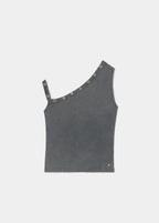 Camiseta asimétrica de tirante con ojales en gris oscuro vista de perfil