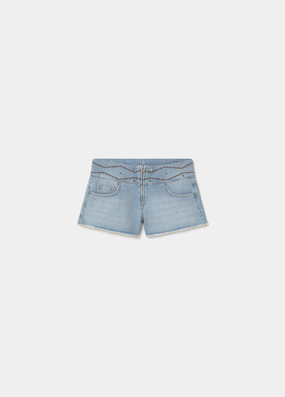 Short vaquero azul claro de cintura ancha con bordado decorativo y cremallera frontal