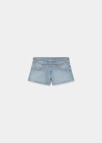 Short vaquero azul claro de cintura ancha con bordado decorativo y cremallera frontal