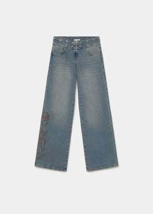 Studded embroidered waistband jeans